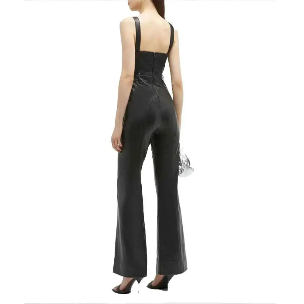 Women’s Classy Black Flared Leather Jumpsuit-1