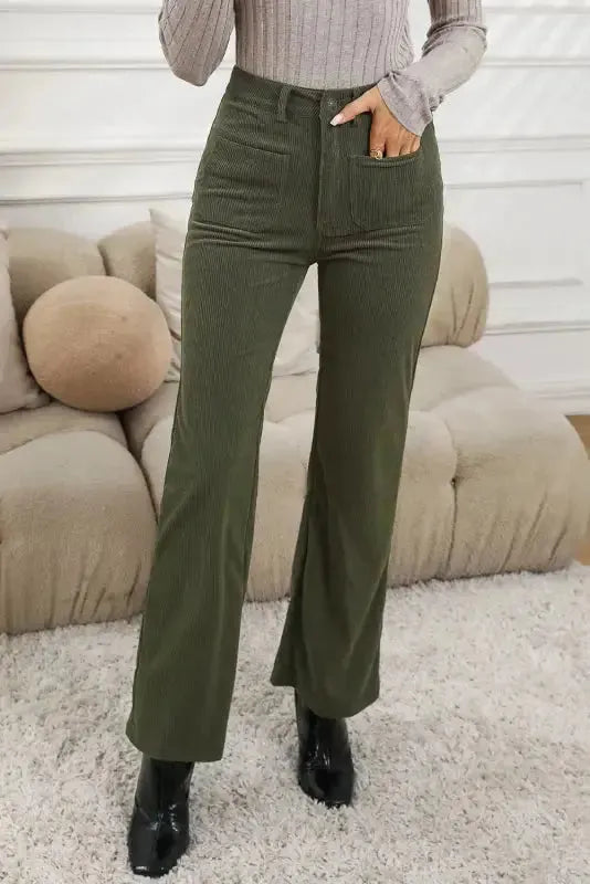Green High Waist Square Pockets Corduroy Pants-0