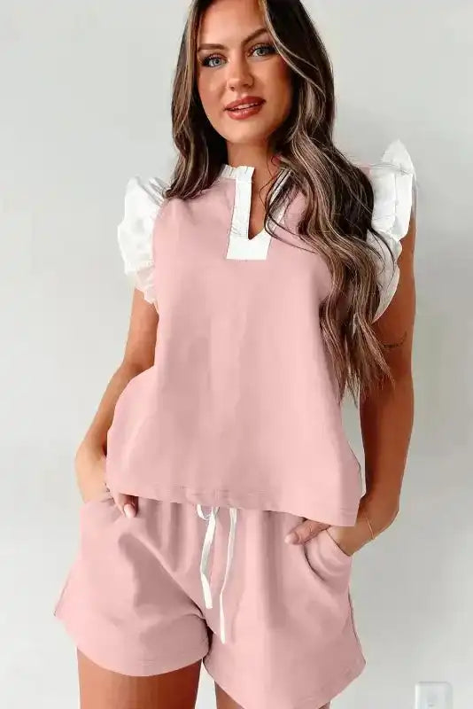 Matching Top and Shorts Set - Light Pink Contrast Trim-3