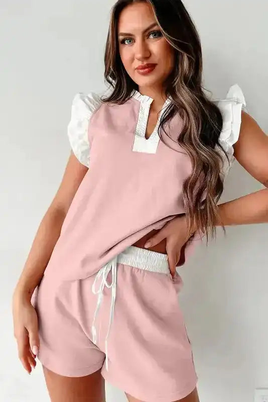 Matching Top and Shorts Set - Light Pink Contrast Trim-2