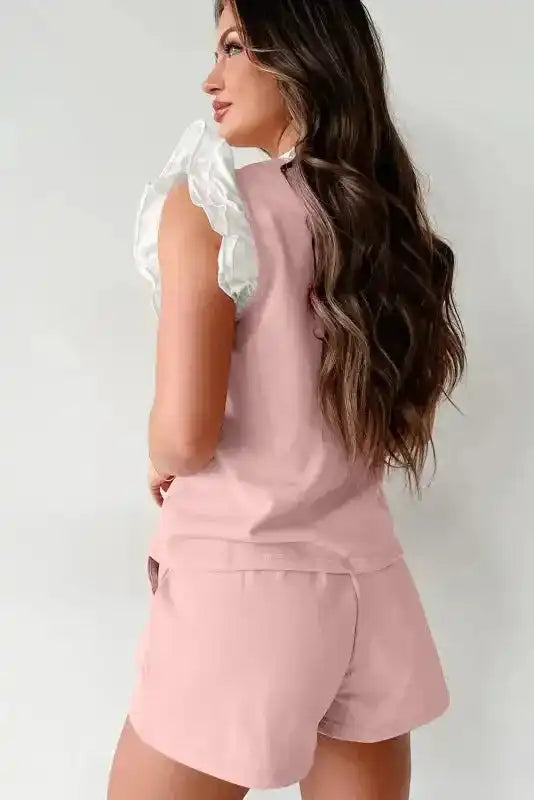 Matching Top and Shorts Set - Light Pink Contrast Trim-1