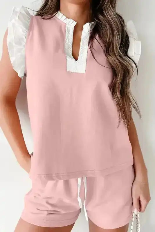 Matching Top and Shorts Set - Light Pink Contrast Trim-0