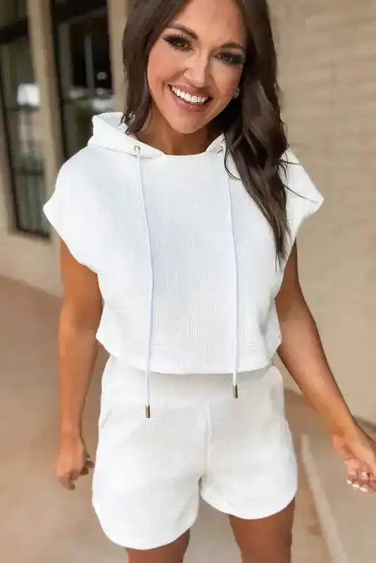 Textured Cropped Hoodie and Shorts Set-3